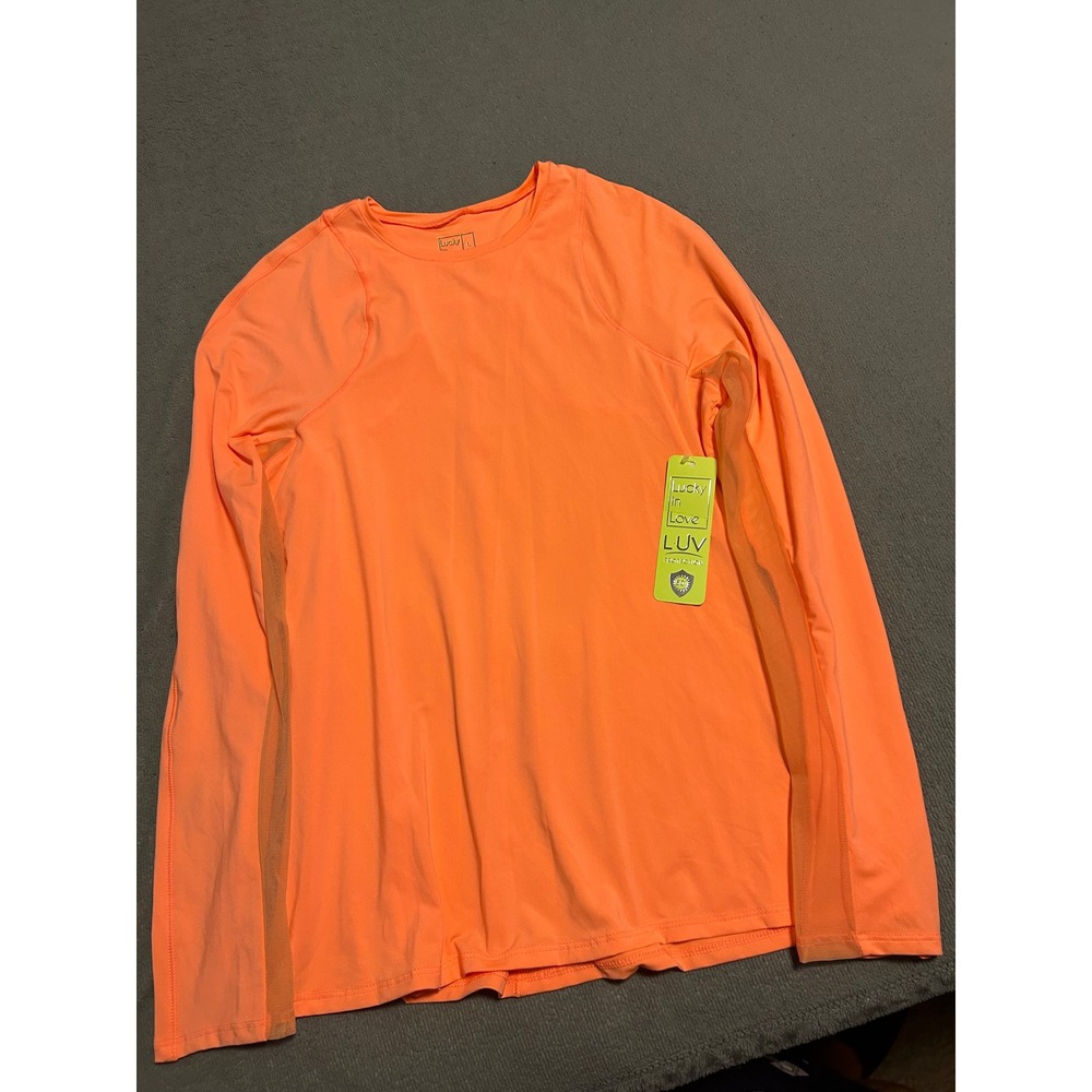 Lucky in Love LUV Protection Long Sleeve Athletic Top Neon Orange UPF 50+ Large